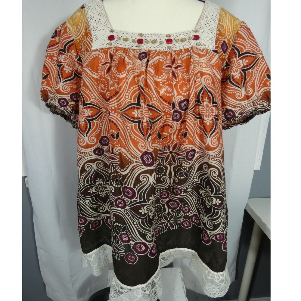 L.A. Blues Women's 18/20W Short Sleeved Blouse Lace Beaded Colorful Peasant